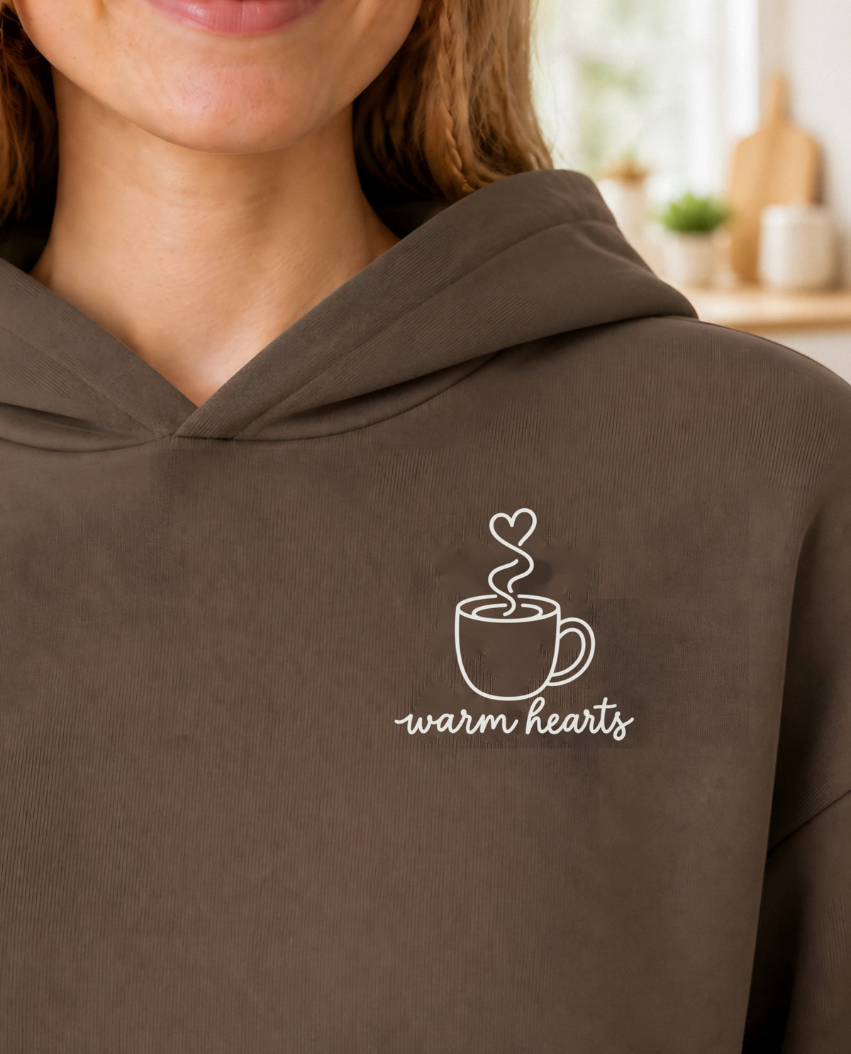 Warm Hearts minimalist crop hoodie for women in Coffee, print close-up