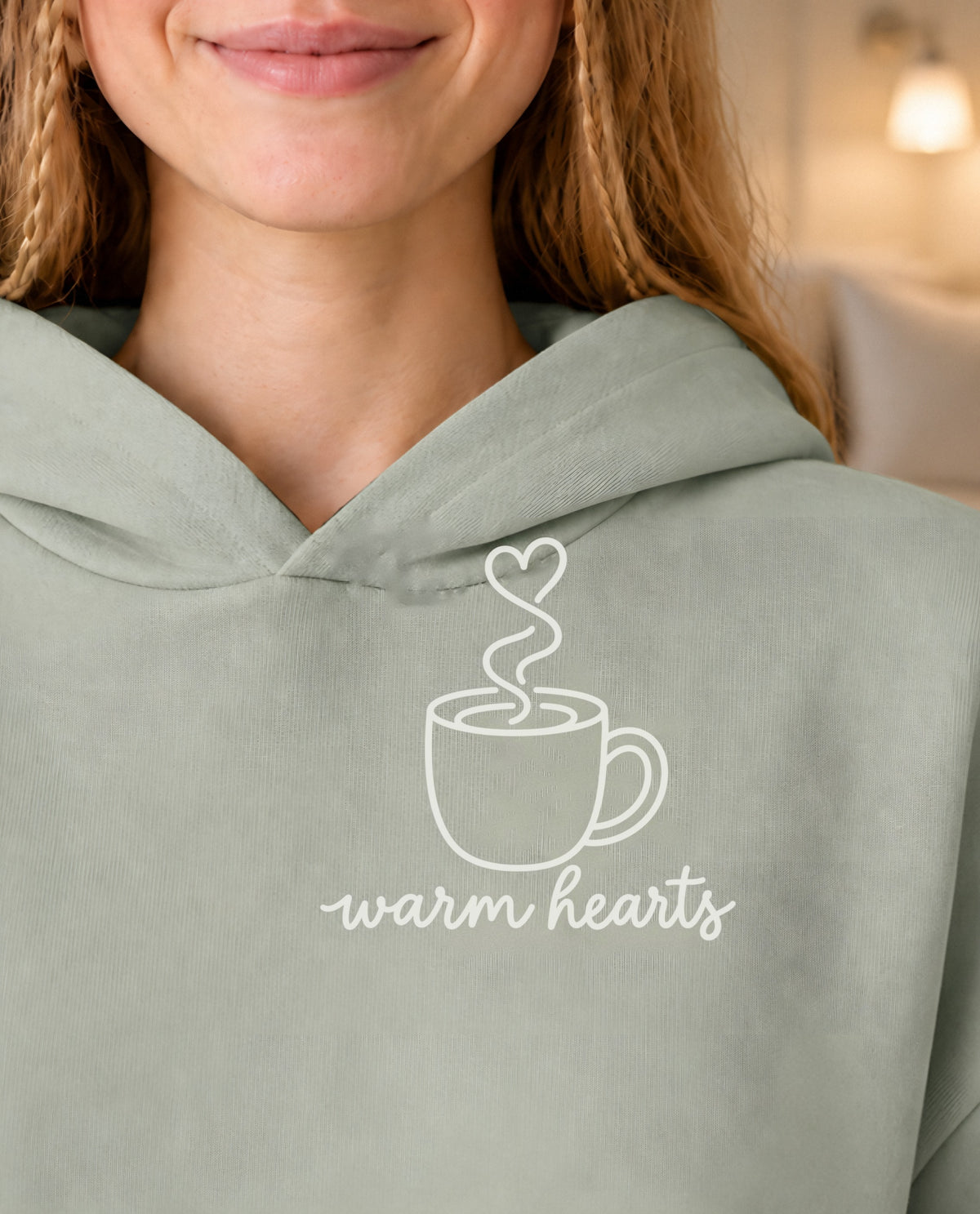 Warm Hearts minimalist crop hoodie for women in Matcha, print close-up
