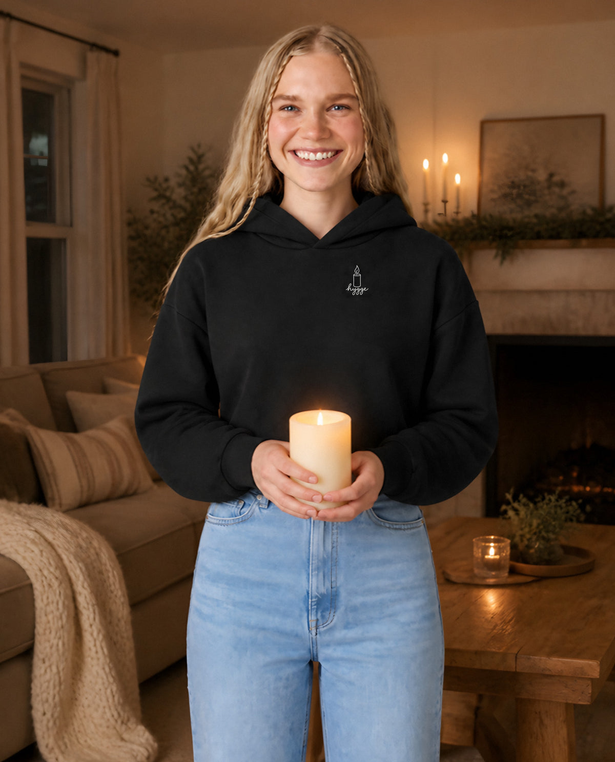 Hygge minimalist crop hoodie for women in Black, worn by model, lifestyle photo