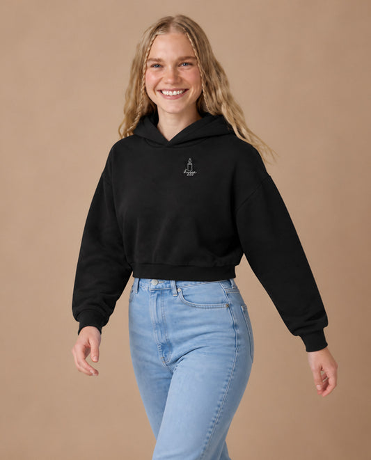 Hygge minimalist crop hoodie for women in Black, worn by model, studio photo