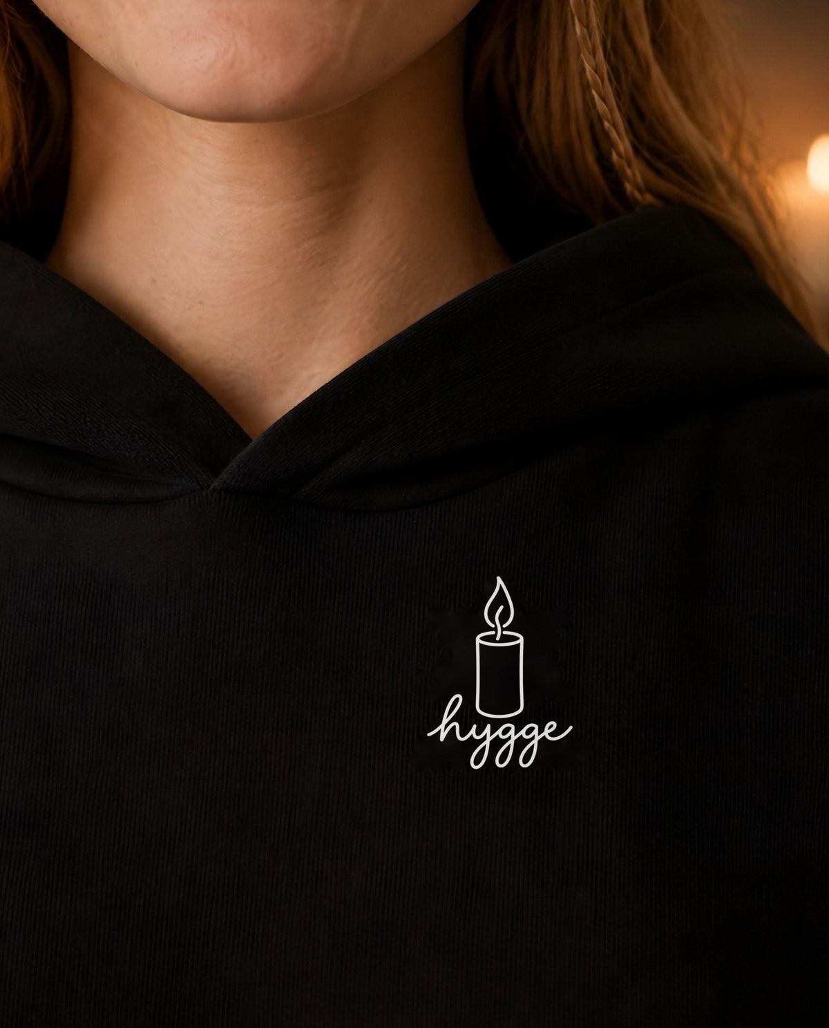 Hygge minimalist crop hoodie for women in Black, print close-up