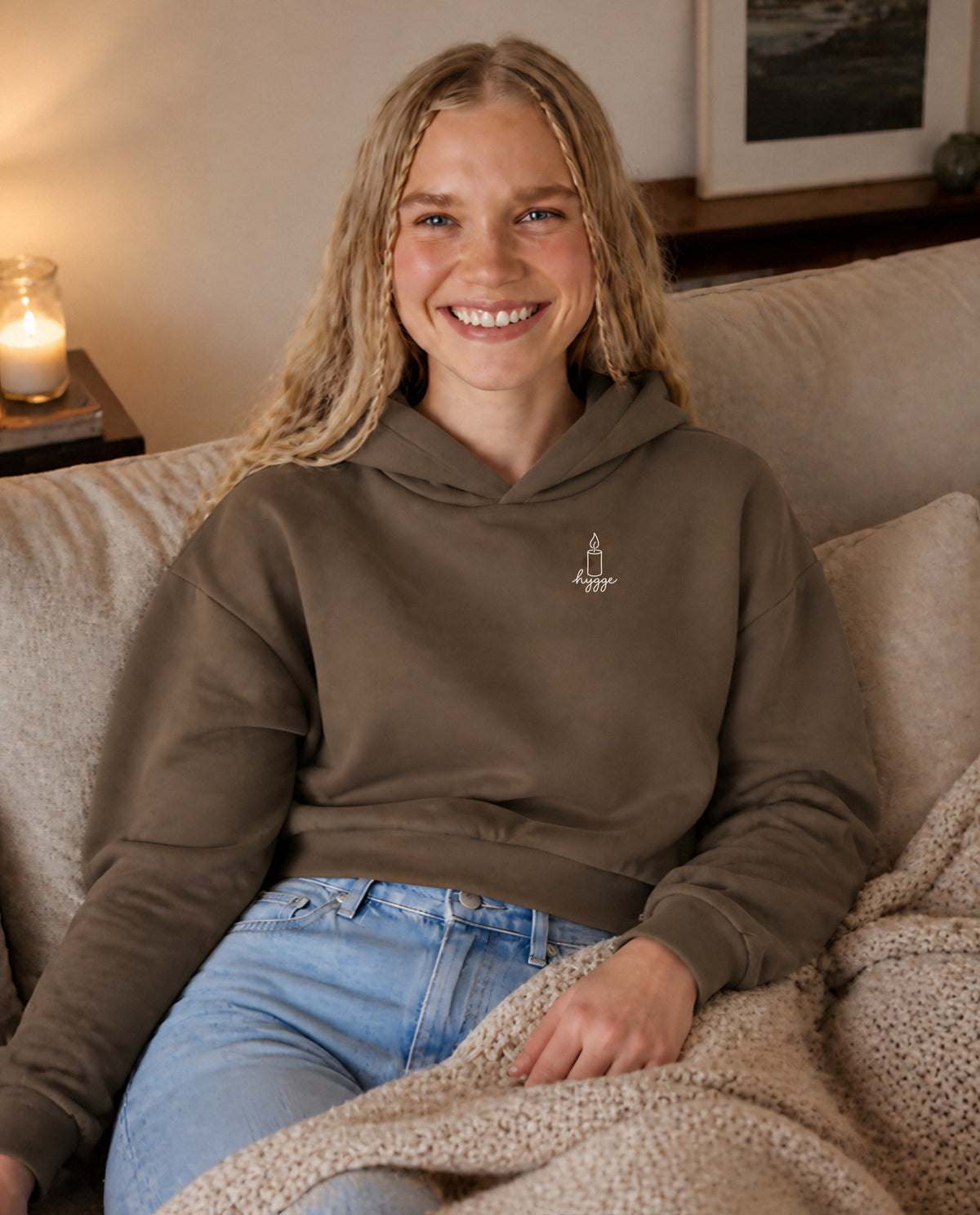 Hygge minimalist crop hoodie for women in Coffee, worn by model, lifestyle photo