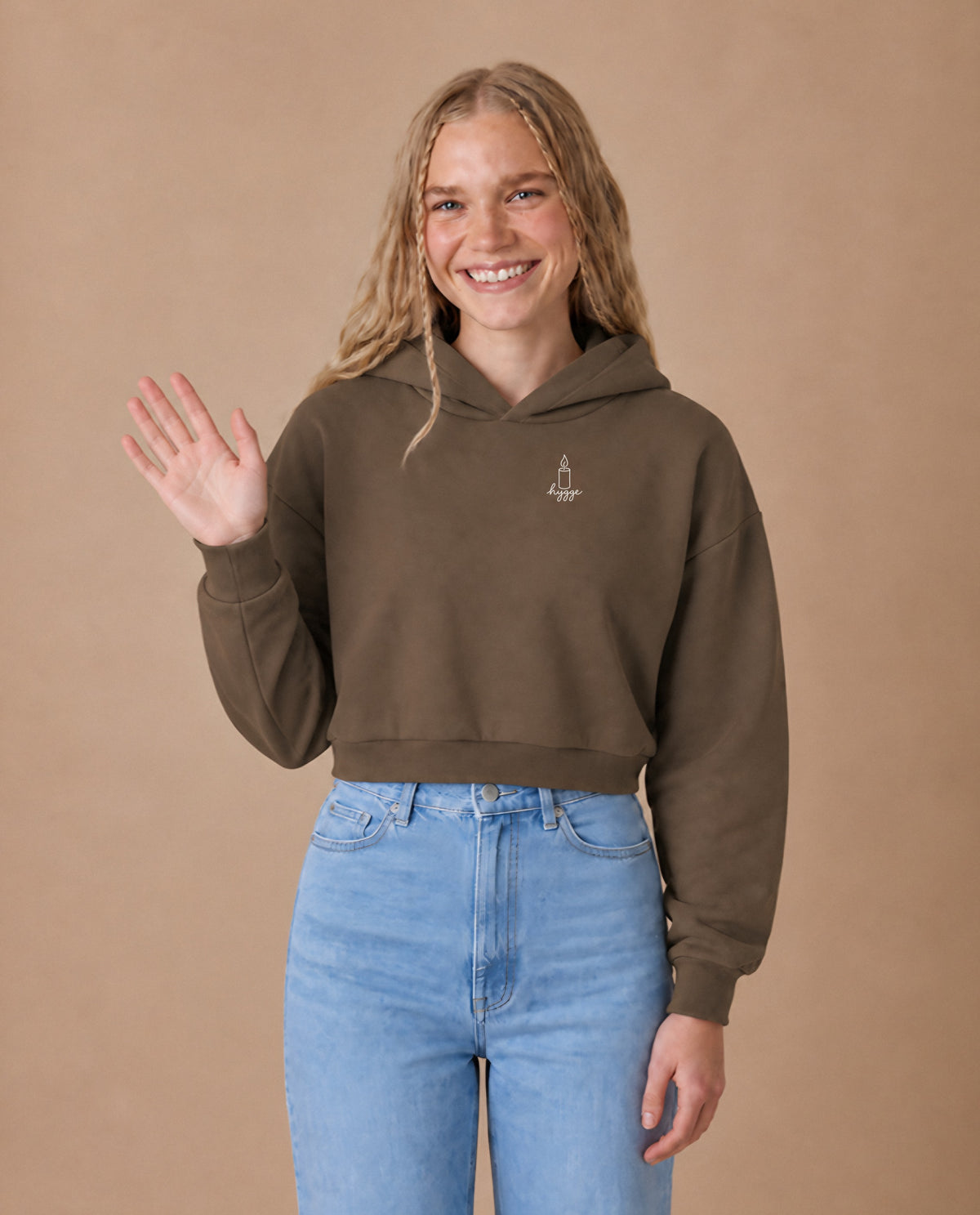 Hygge minimalist crop hoodie for women in Coffee, worn by model, studio photo