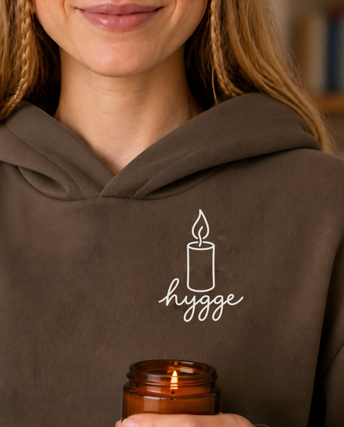 Hygge minimalist crop hoodie for women in Coffee, print close-up