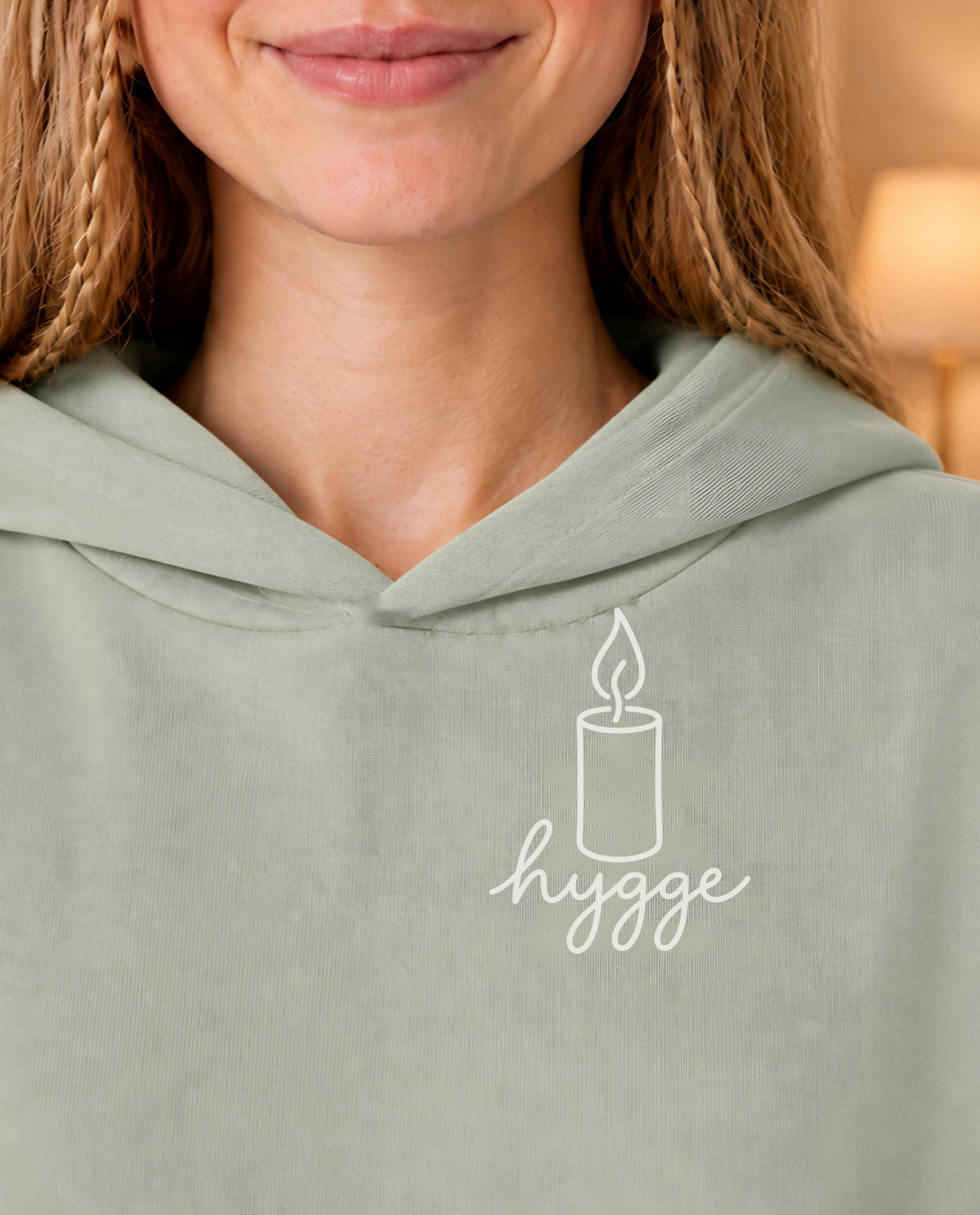 Hygge minimalist crop hoodie for women in Matcha, print close-up
