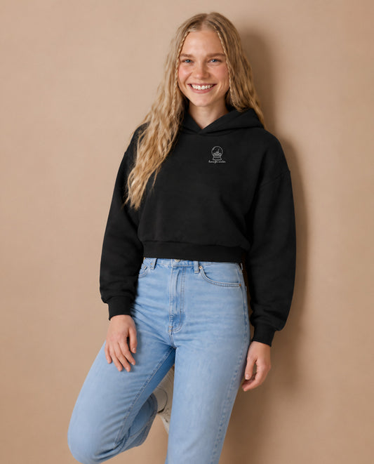 Home for Winter minimalist crop hoodie for women in Black, worn by model, studio photo