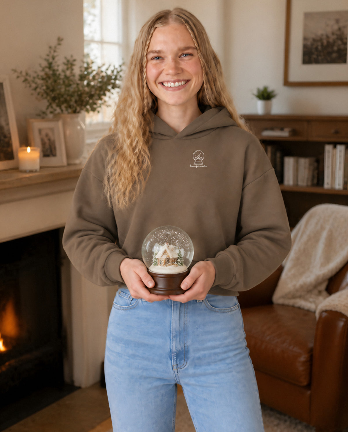 Home for Winter minimalist crop hoodie for women in Coffee, worn by model, lifestyle photo