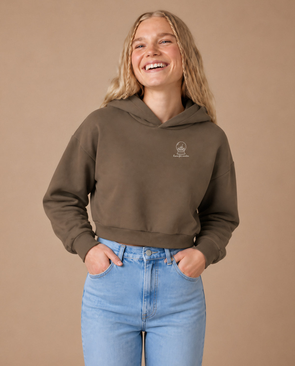 Home for Winter minimalist crop hoodie for women in Coffee, worn by model, studio photo