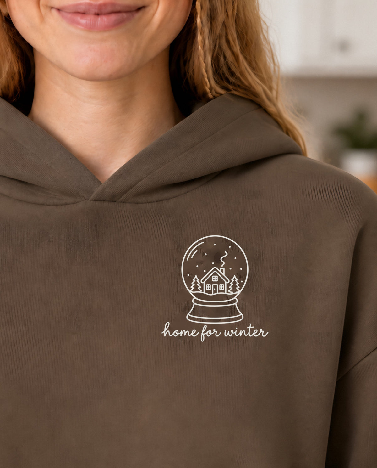 Home for Winter minimalist crop hoodie for women in Coffee, print close-up