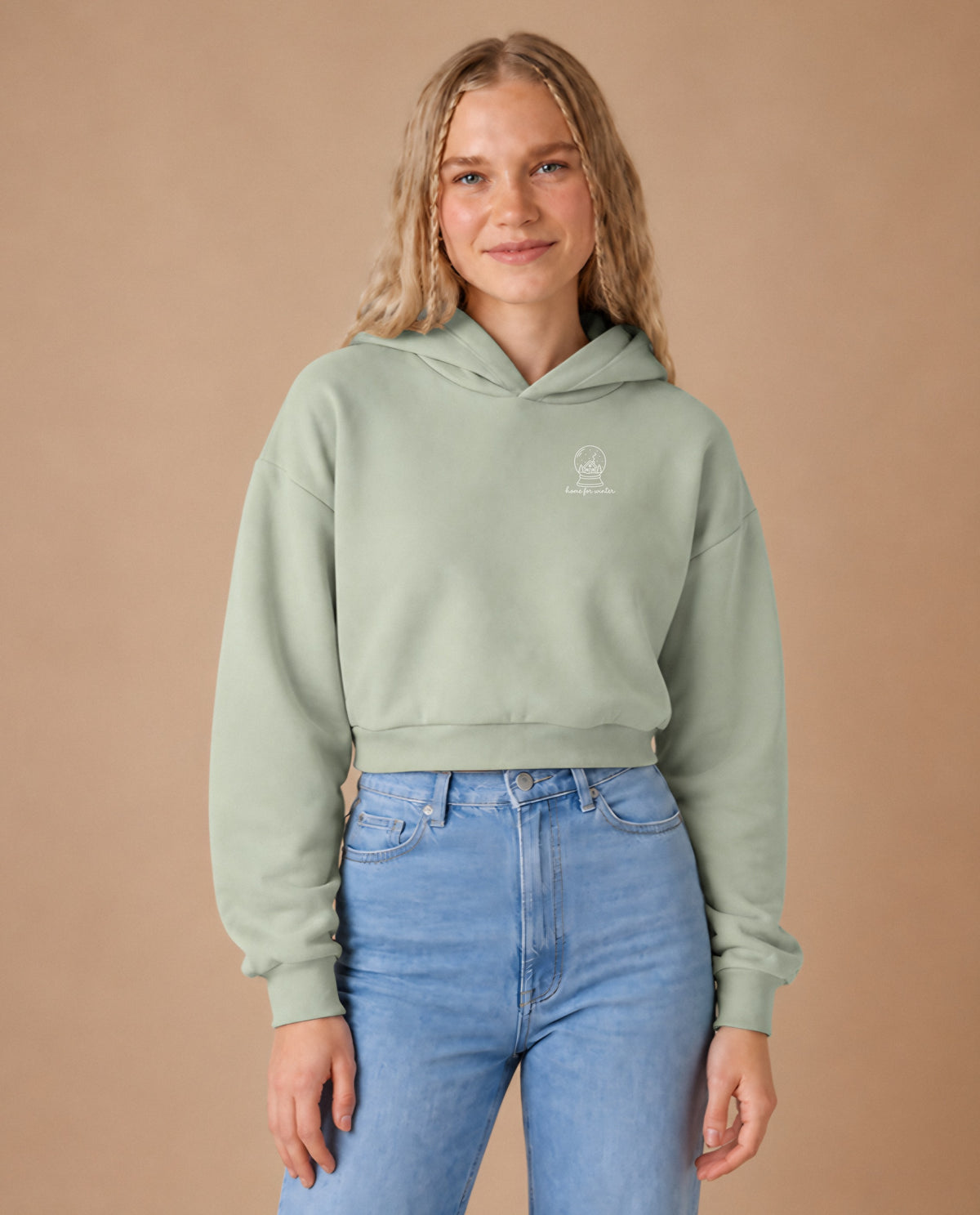 Home for Winter minimalist crop hoodie for women in Matcha, worn by model, studio photo