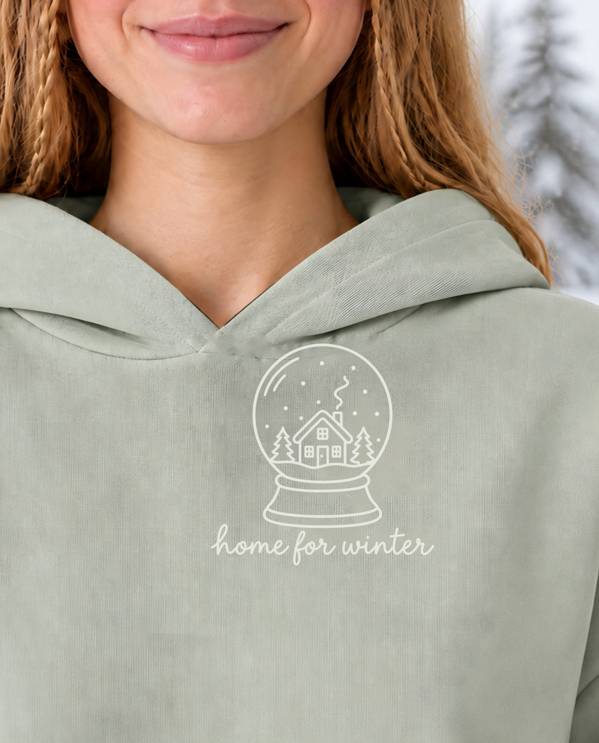 Home for Winter minimalist crop hoodie for women in Matcha, print close-up