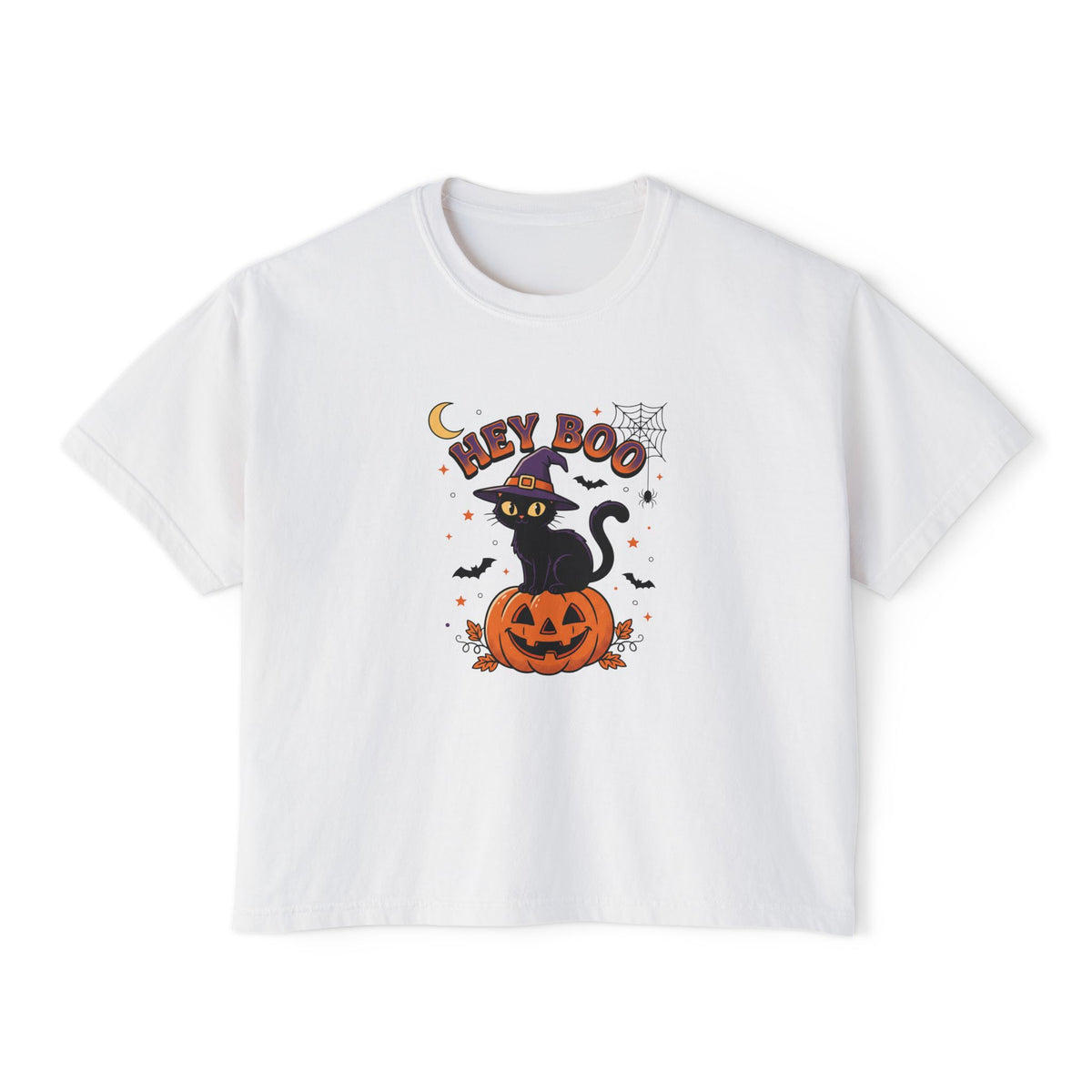 White Hey Boo Black Cat boxy crop tee, flat lay (Color: White)