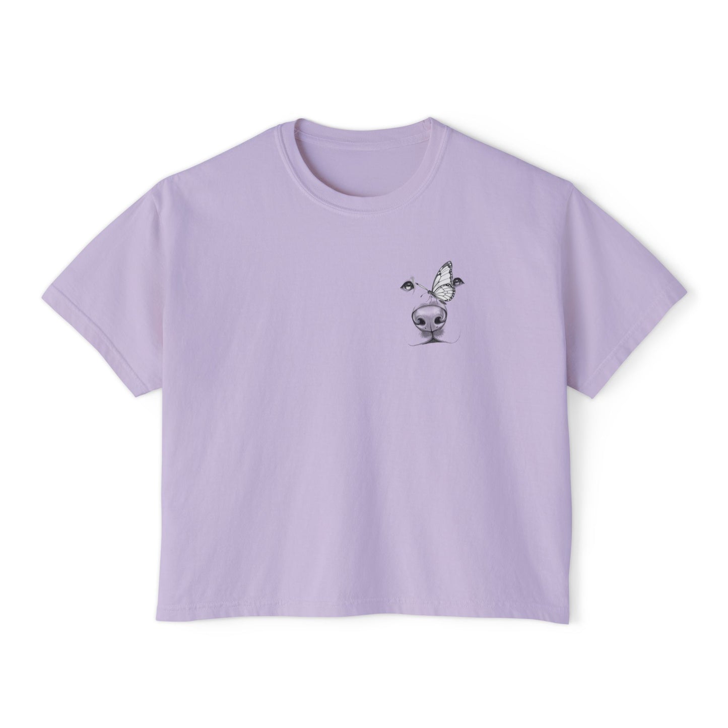Women's Boxy Tee with Dog & Butterfly Chest Graphic — Edgy Minimalist Crop Top