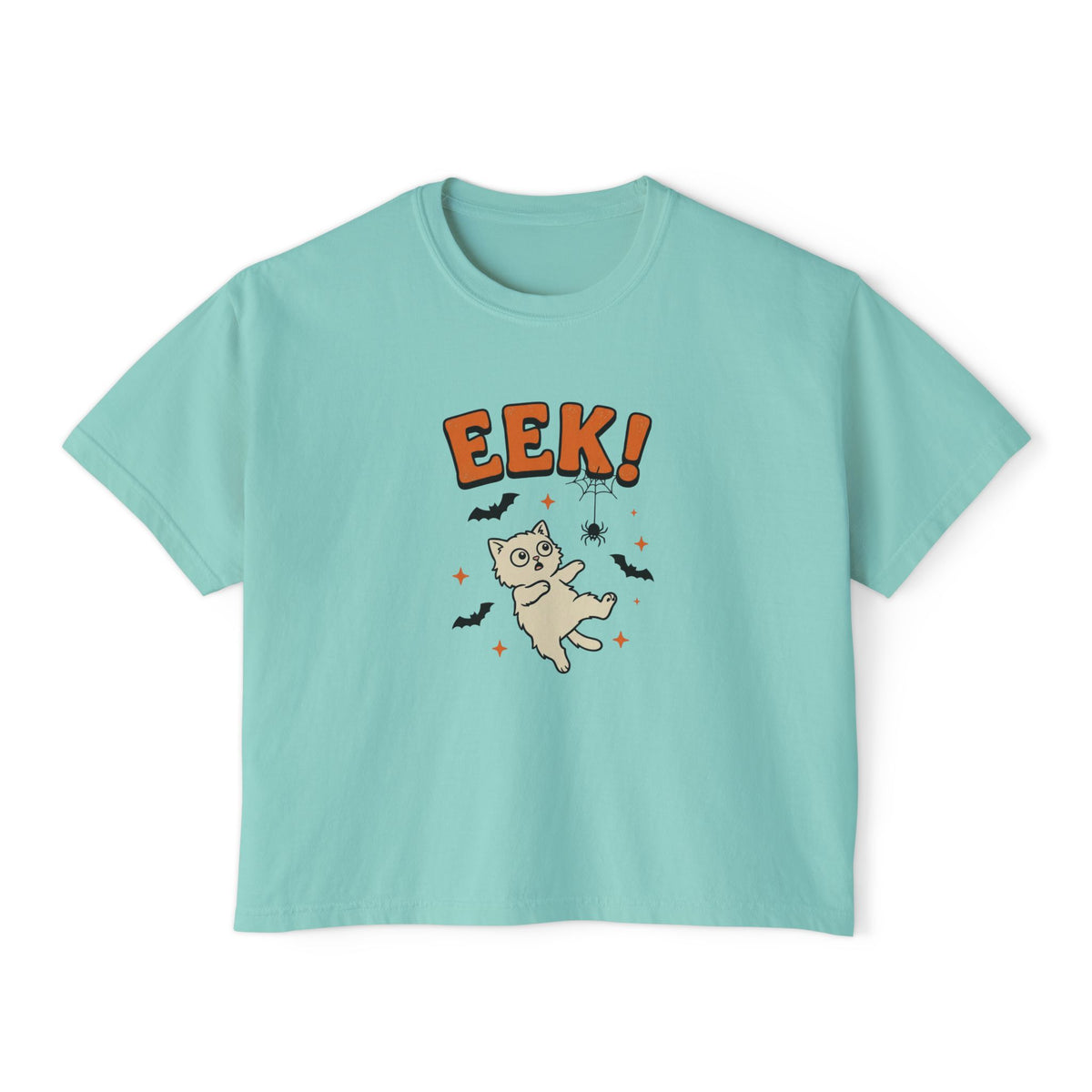 Chalky mint Eek! scared cat boxy crop tee, flat lay (Color: Chalky Mint)