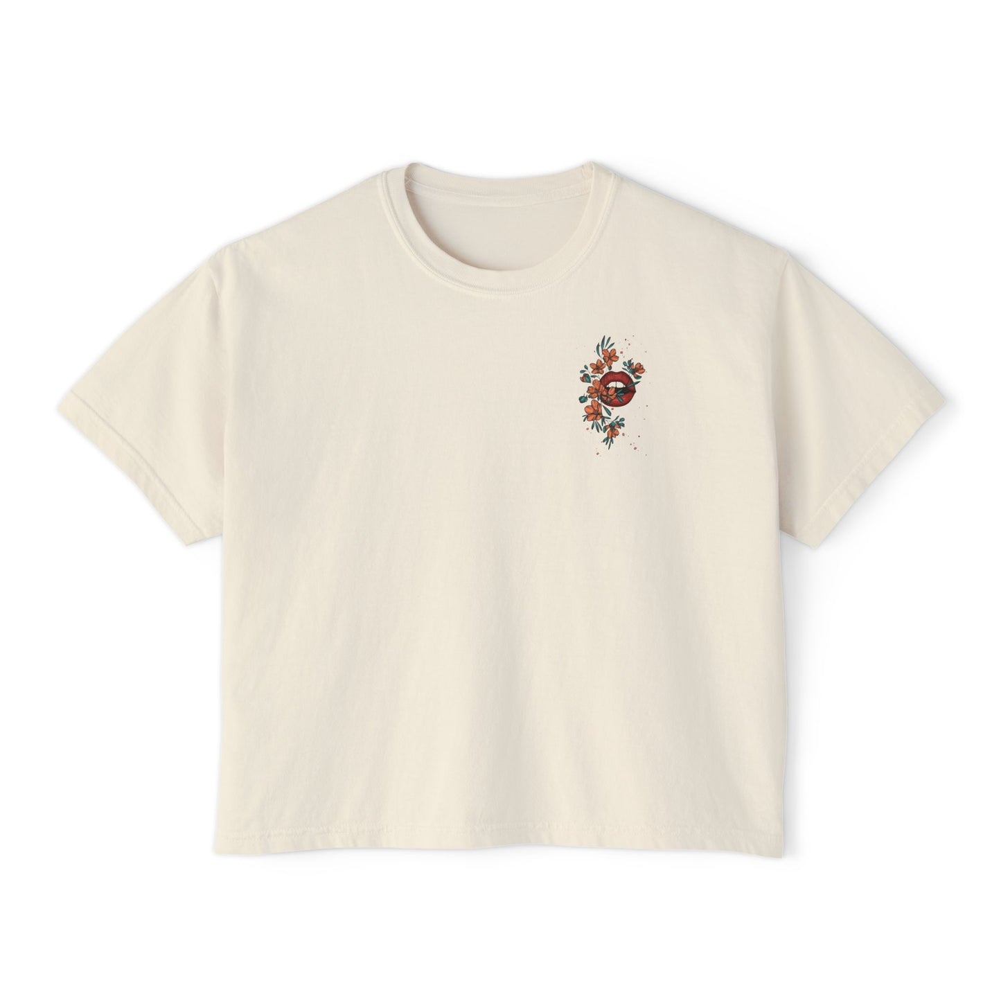 Floral Heart Chest Boxy Tee — Women's Cropped Graphic T-Shirt