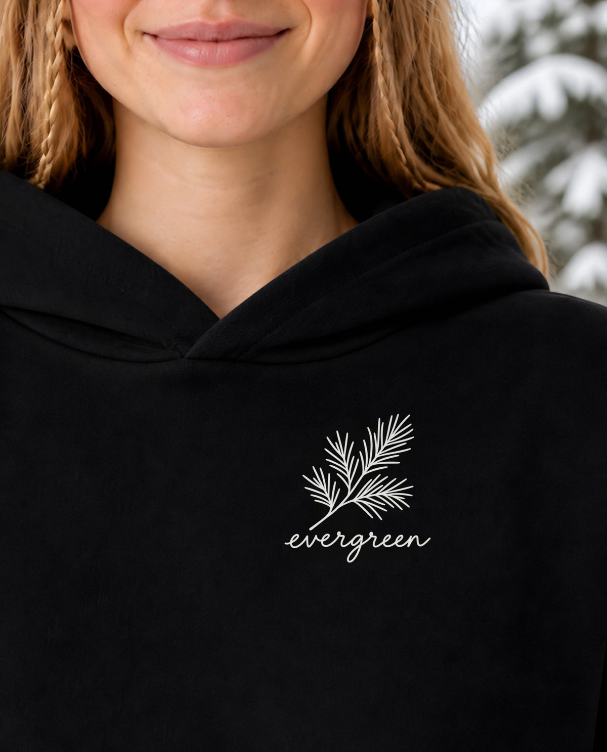 Evergreen minimalist crop hoodie for women in Black, print close-up