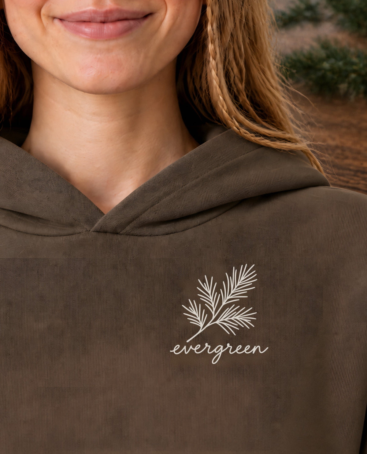 Evergreen minimalist crop hoodie for women in Coffee, print close-up