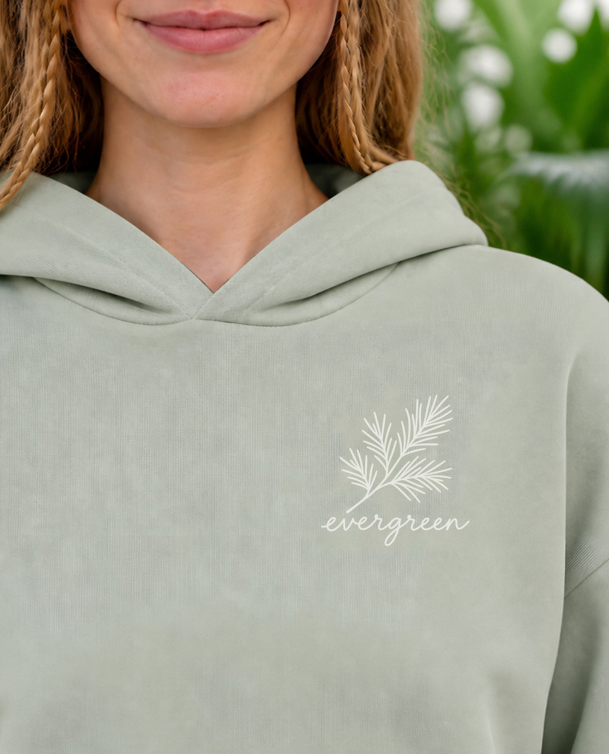 Evergreen minimalist crop hoodie for women in Matcha, print close-up