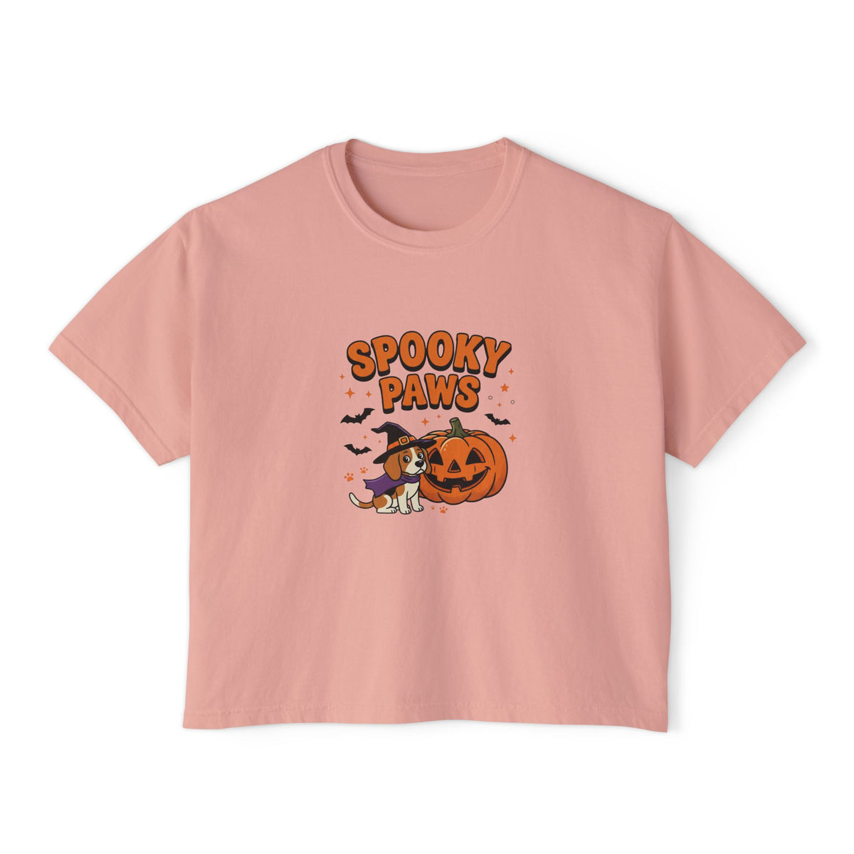 Peachy Spooky Paws Dog boxy crop tee, flat lay (Color: Peachy)