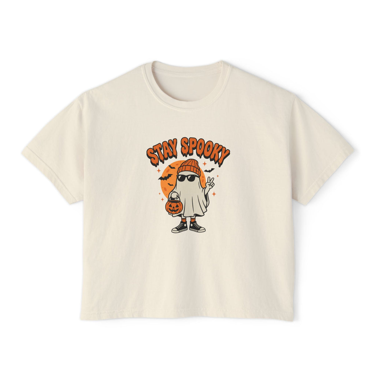Stay Spooky ghost Halloween graphic crop tee for women, photo 2 (Color: Ivory)