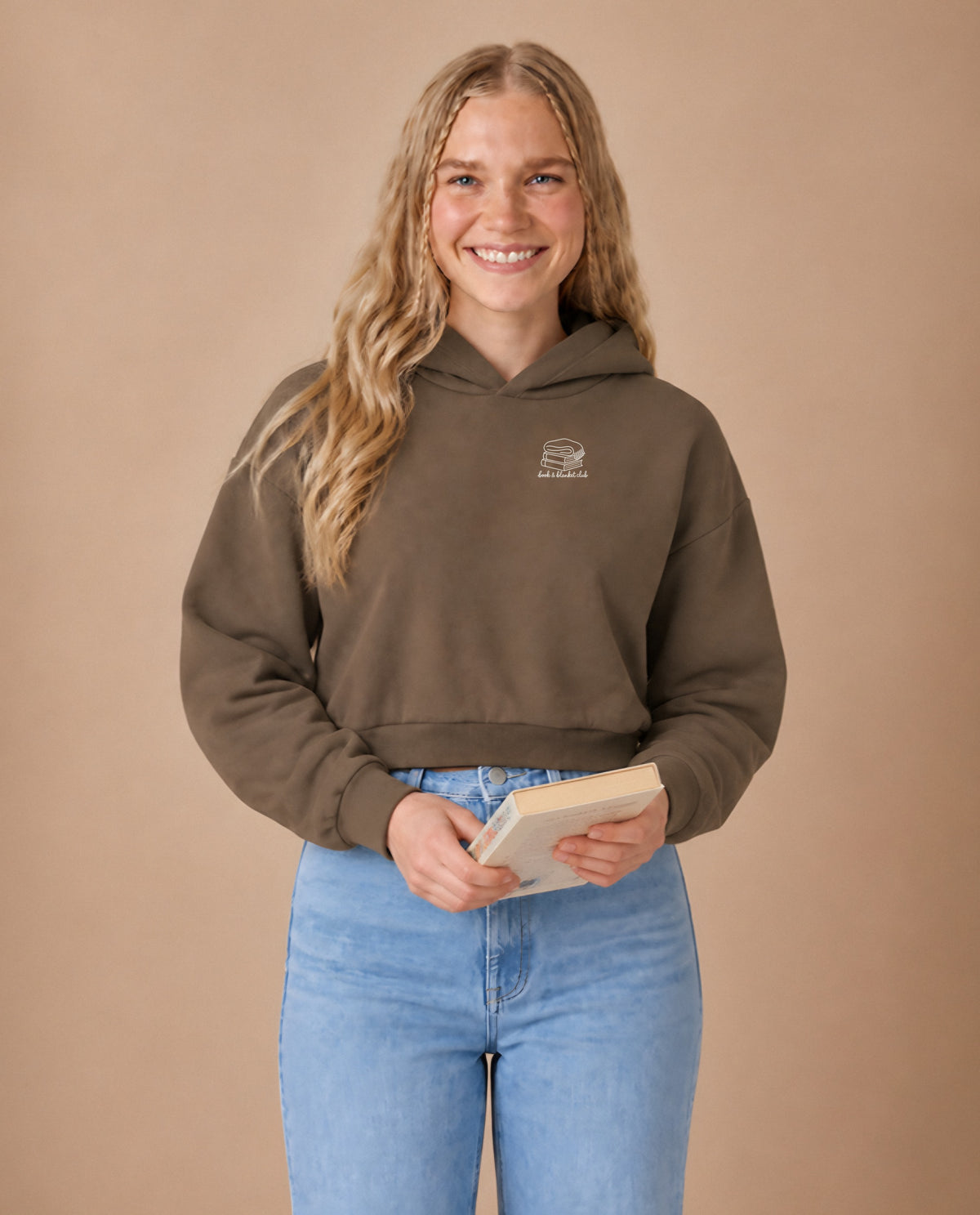 Book & Blanket Club minimalist crop hoodie for women in Coffee, worn by model, studio photo