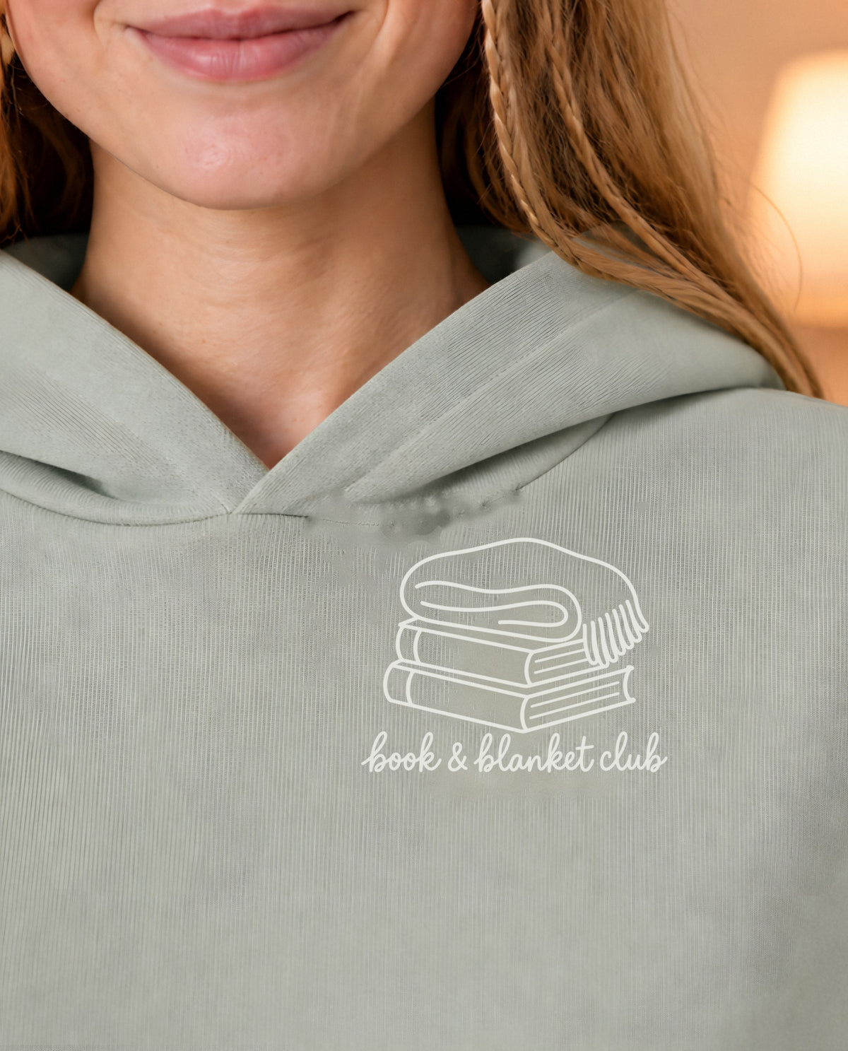Book & Blanket Club minimalist crop hoodie for women in Matcha, print close-up