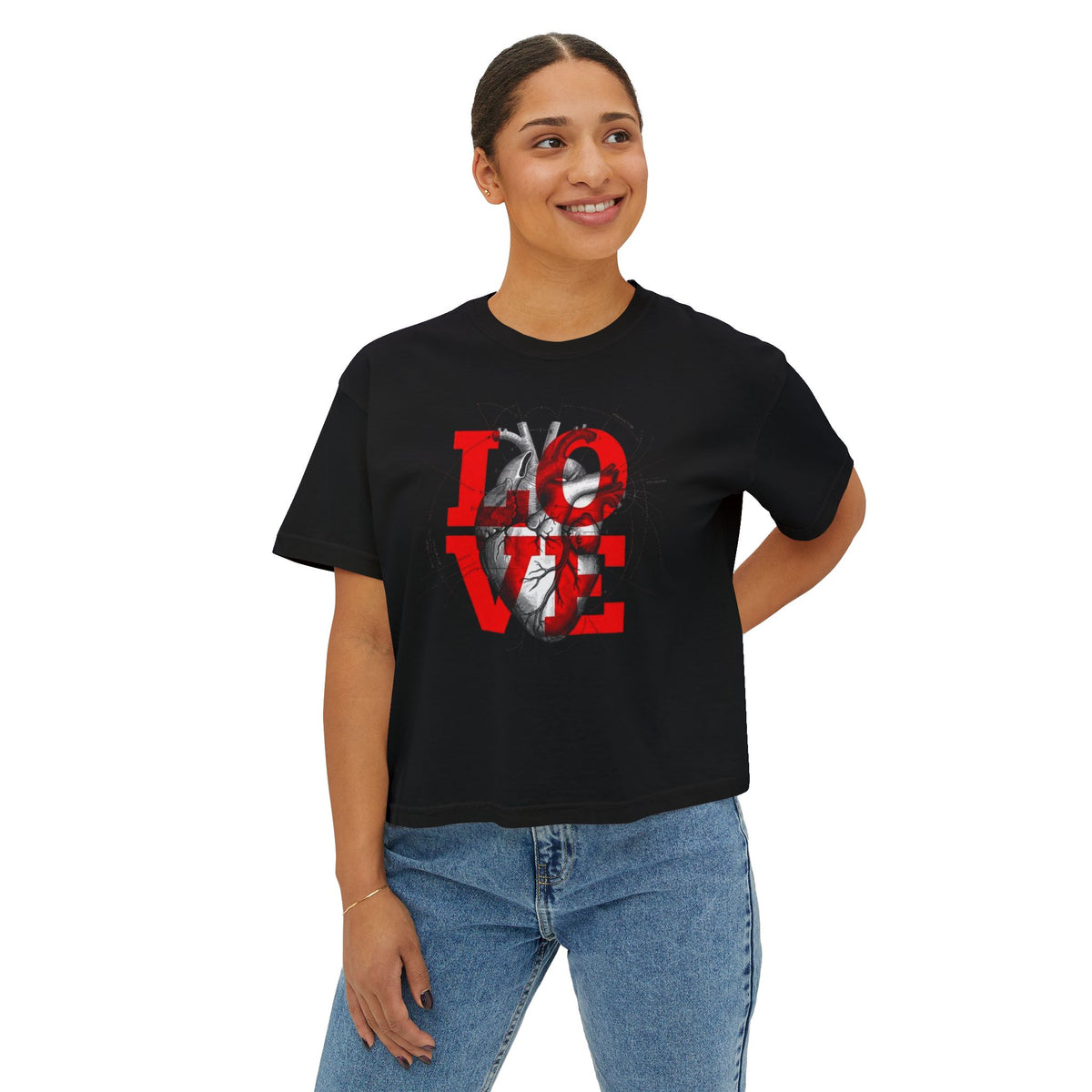 LOVE Red Typography Boxy Tee — Women's Graphic Shirt (romantic, edgy heart design)