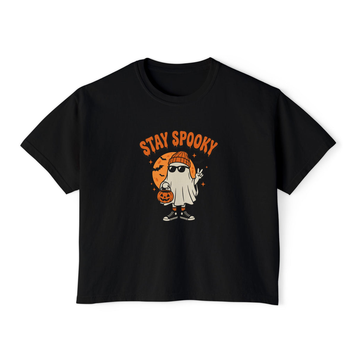 Stay Spooky ghost Halloween graphic crop tee for women, photo 5 (Color: Black)