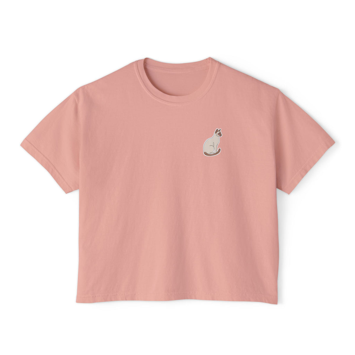 Boxy Tee — Minimal Siamese Cat Line Art Chest Graphic, Casual Women's Crop Top
