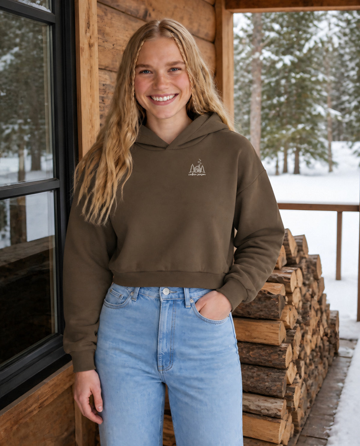 Cabin Season minimalist crop hoodie for women in Coffee, worn by model, lifestyle photo