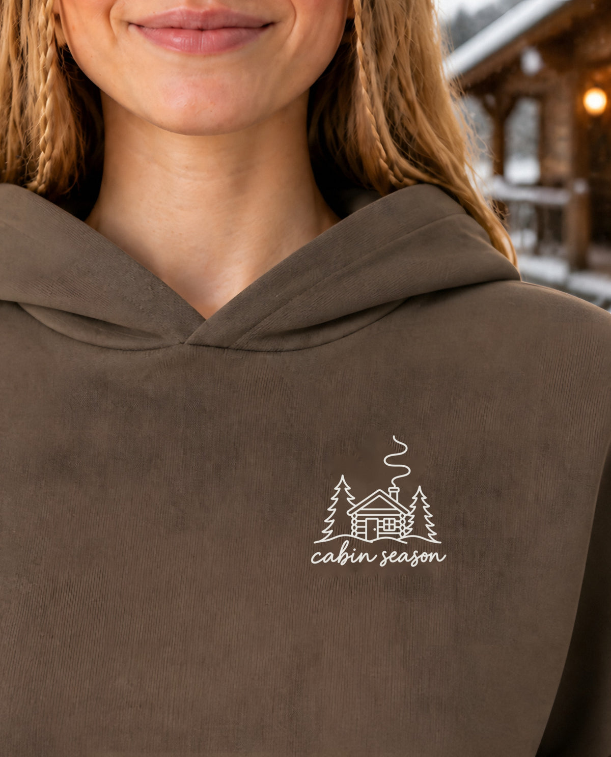 Cabin Season minimalist crop hoodie for women in Coffee, print close-up