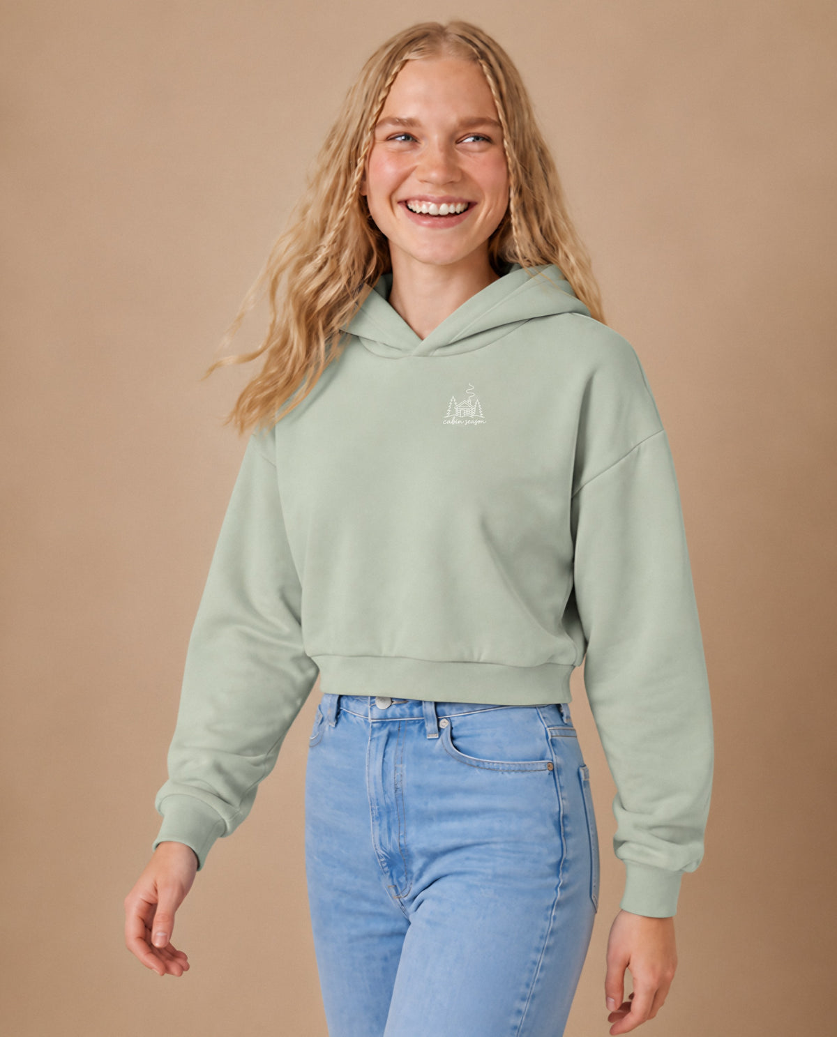 Cabin Season minimalist crop hoodie for women in Matcha, worn by model, studio photo