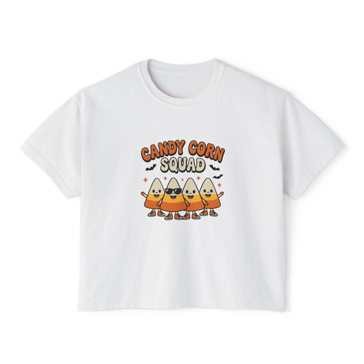 White Candy Corn Squad boxy crop tee, flat lay (Color: White)