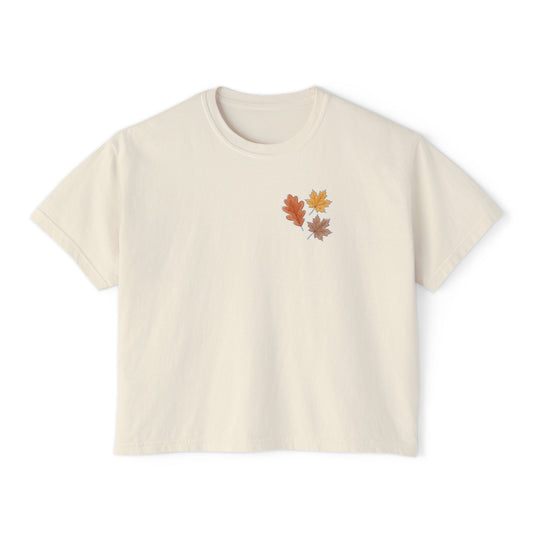 Falling Leaves boxy tee, close-up of chest graphic