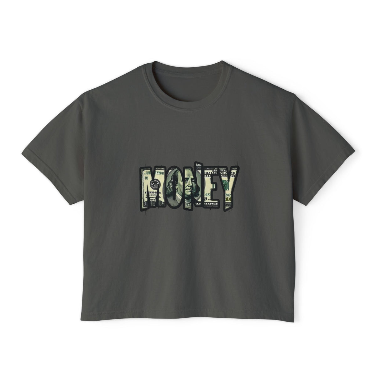 Money Graphic Tee — Women's Boxy T‑Shirt with Dollar Bill Text Design