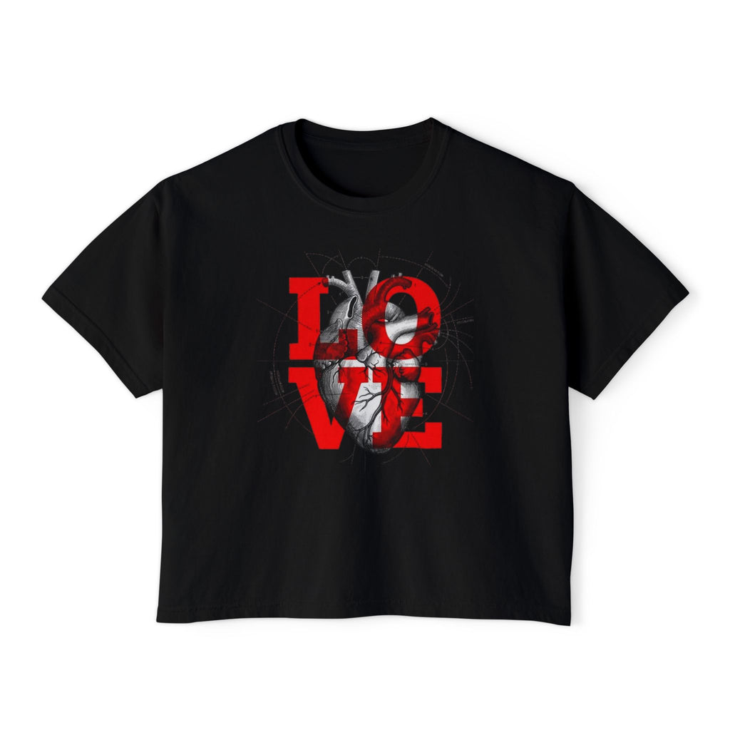 LOVE Red Typography Boxy Tee — Women's Graphic Shirt (romantic, edgy heart design)