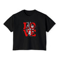 LOVE Red Typography Boxy Tee — Women's Graphic Shirt (romantic, edgy heart design)