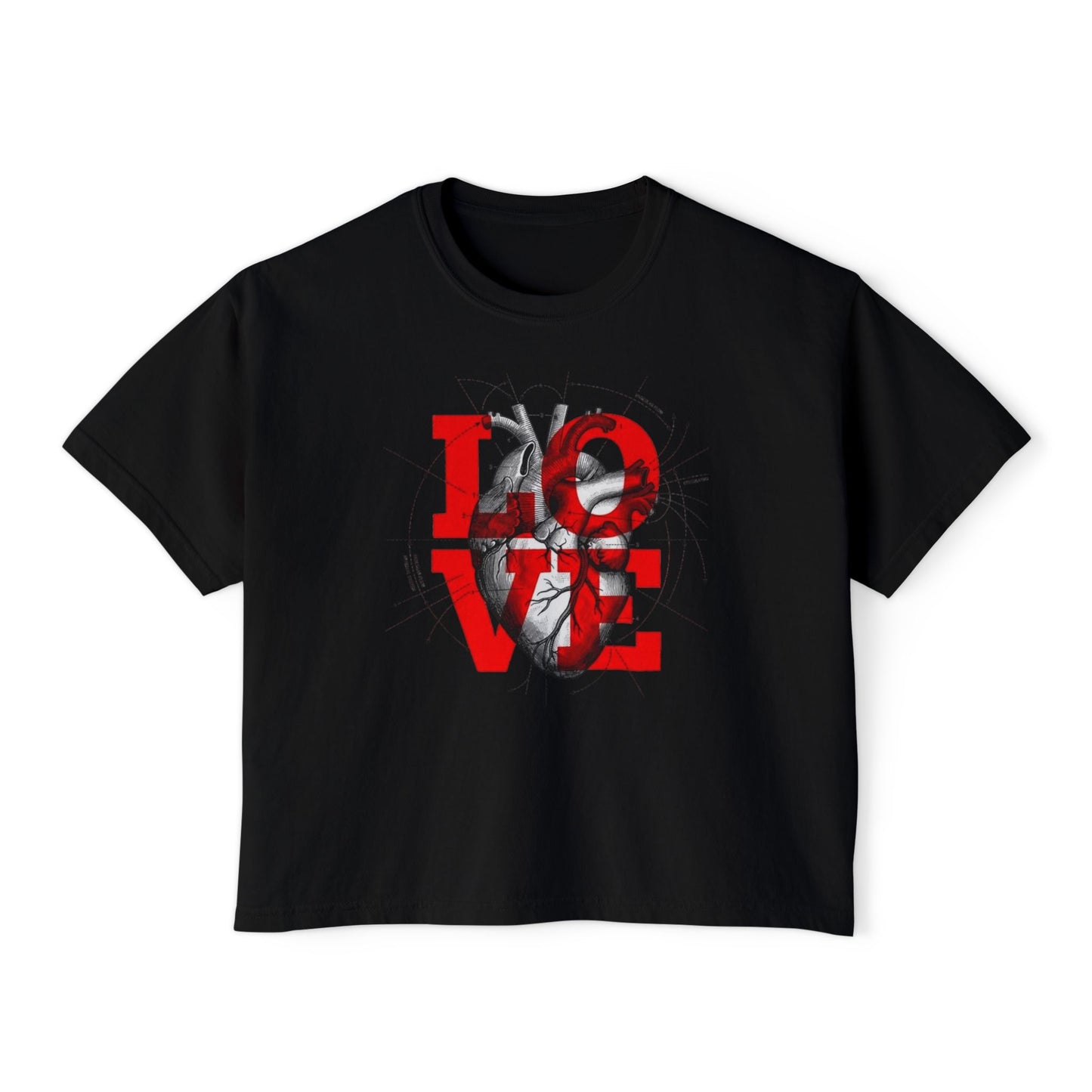 LOVE Red Typography Boxy Tee — Women's Graphic Shirt (romantic, edgy heart design)