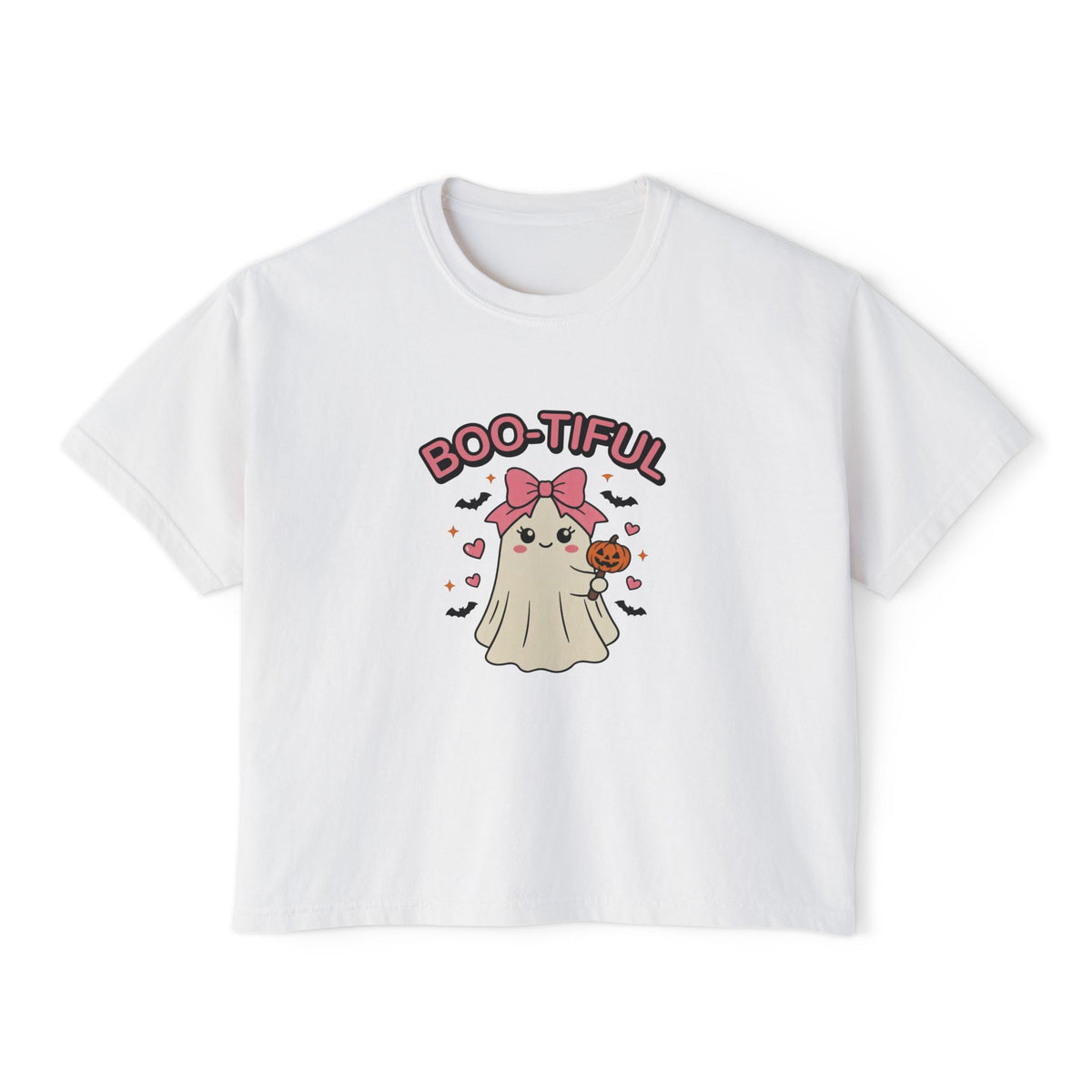 White Boo-tiful Ghost boxy crop tee, flat lay (Color: White)