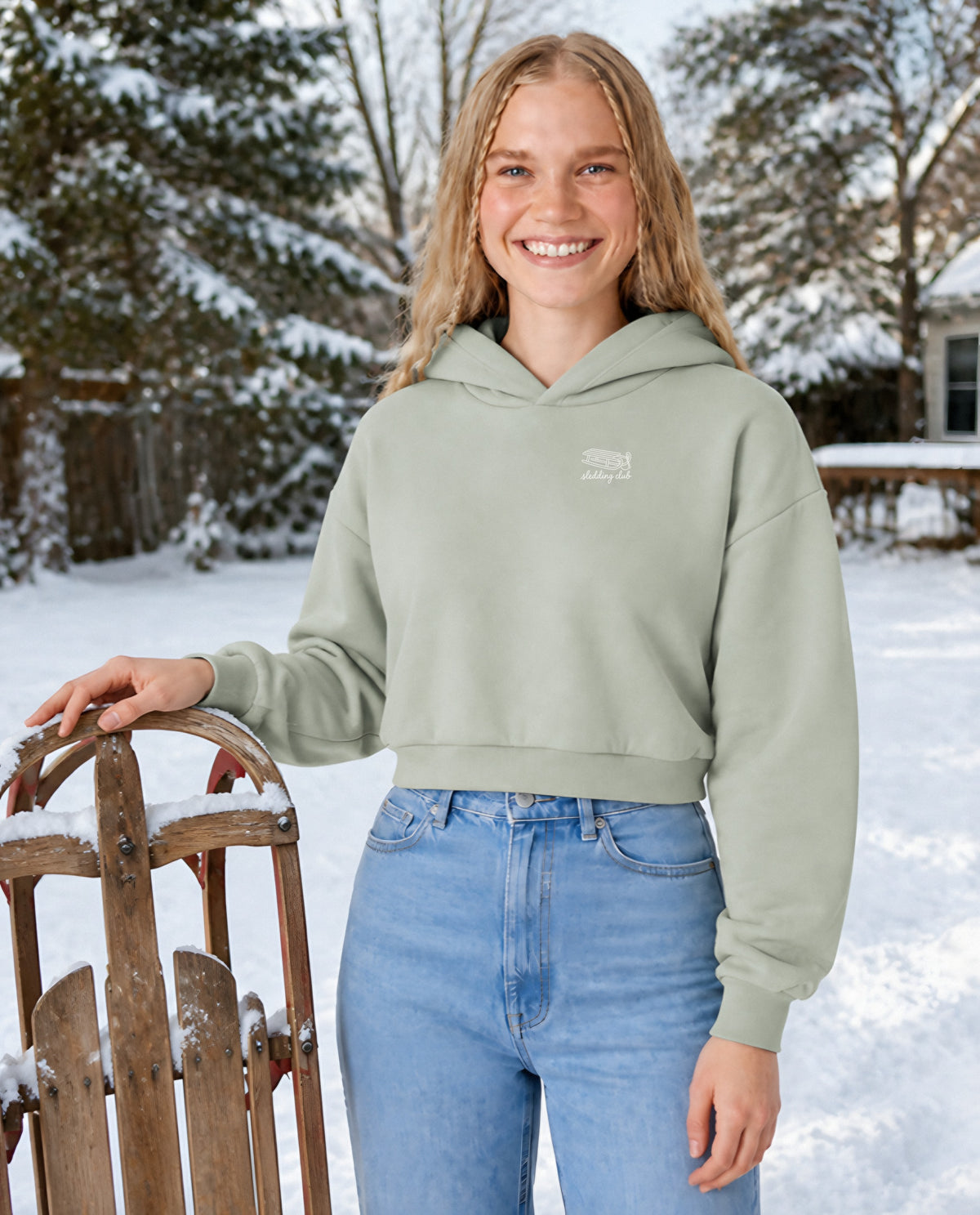 Sledding Club minimalist crop hoodie for women in Matcha, worn by model, lifestyle photo