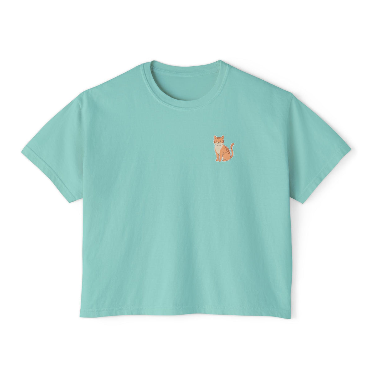 Boxy Tee — Minimal Tabby Cat Line Art Chest Graphic, Casual Women's Crop Top