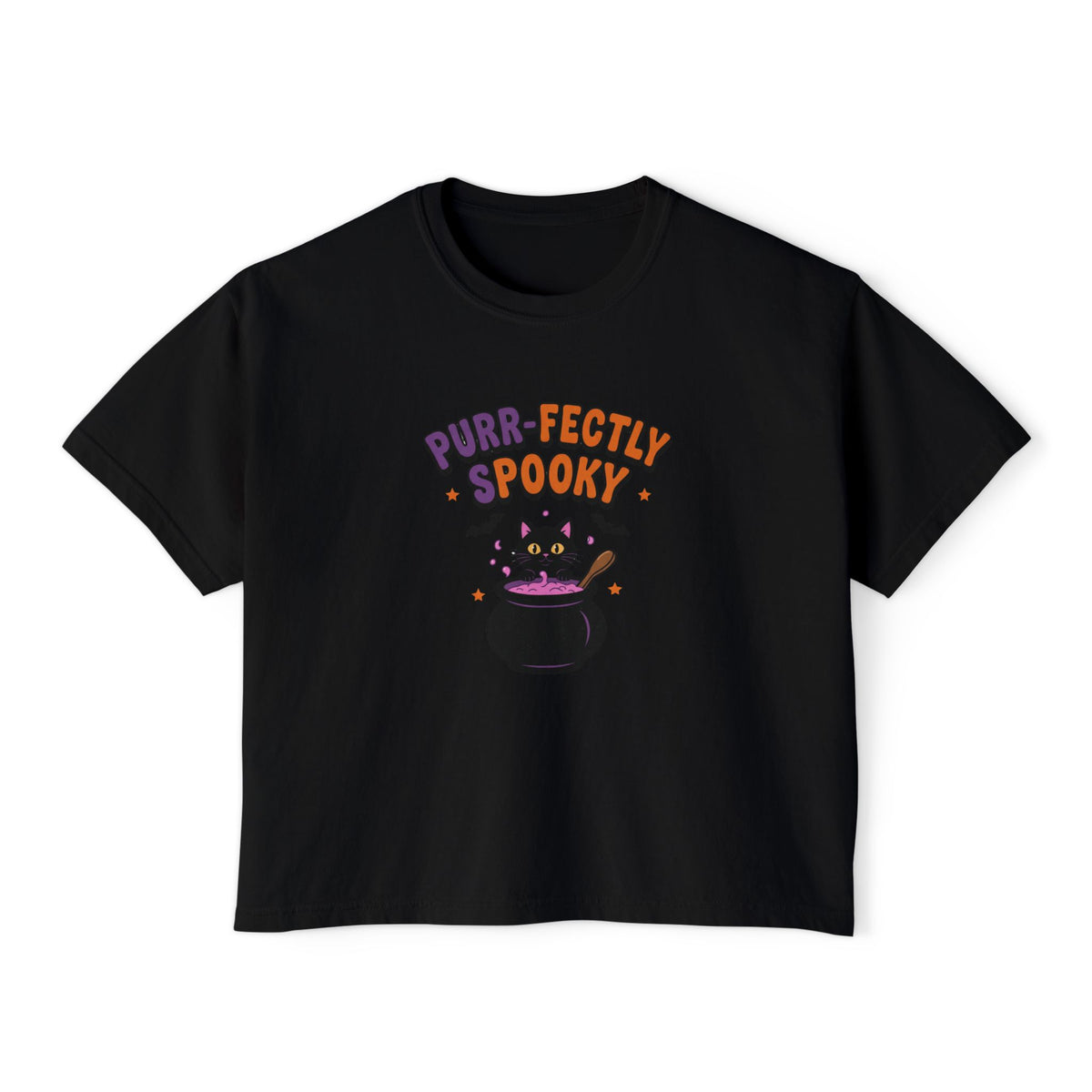 Black Purr-fectly Spooky boxy crop tee, flat lay (Color: Black)