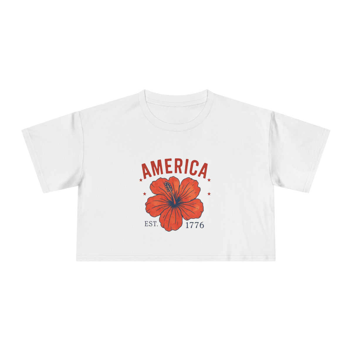 America Hibiscus Crop Tee — Patriotic Floral Women’s Top (Est. 1776)