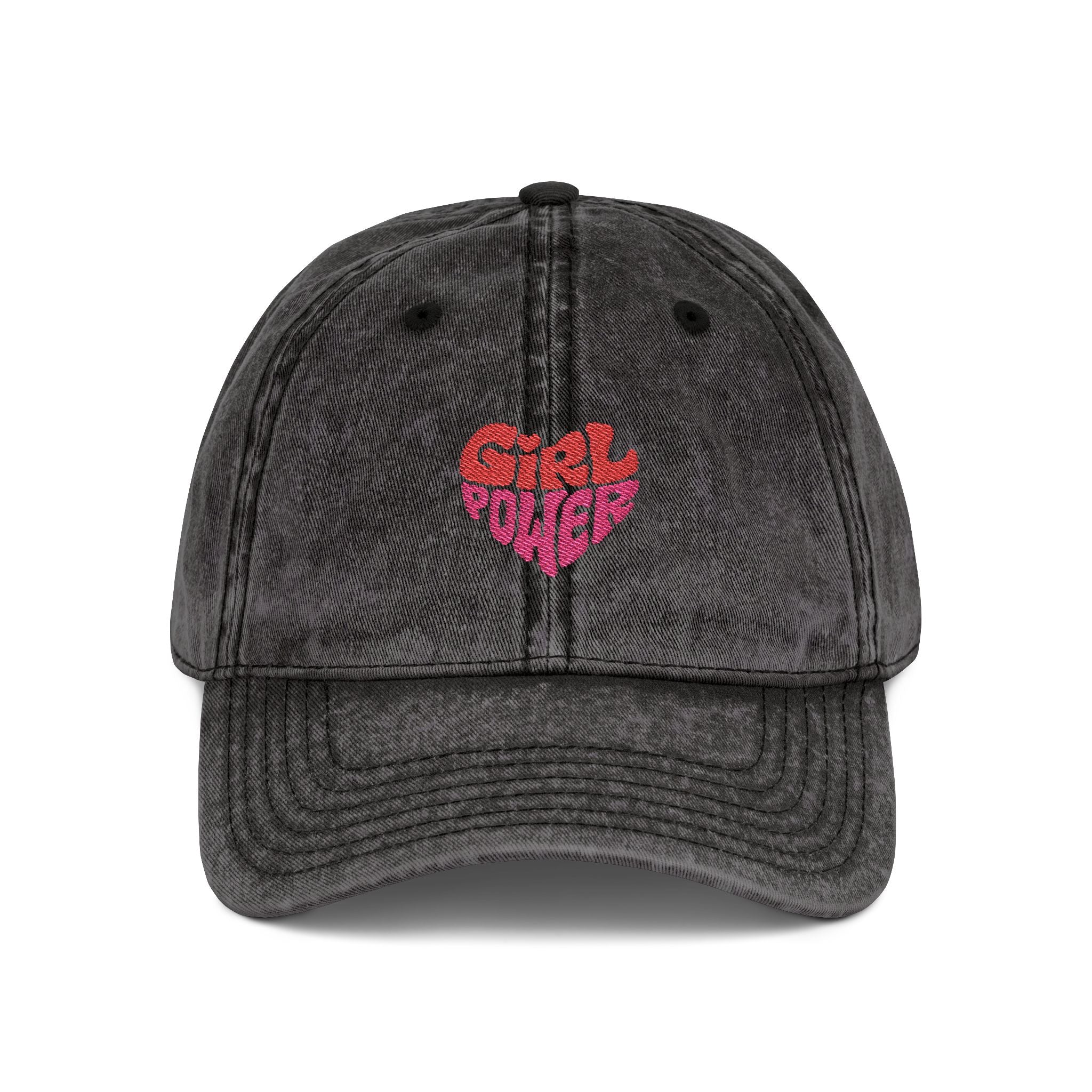 Vintage Embroidered Cap — Pink 'Girl Power' Heart