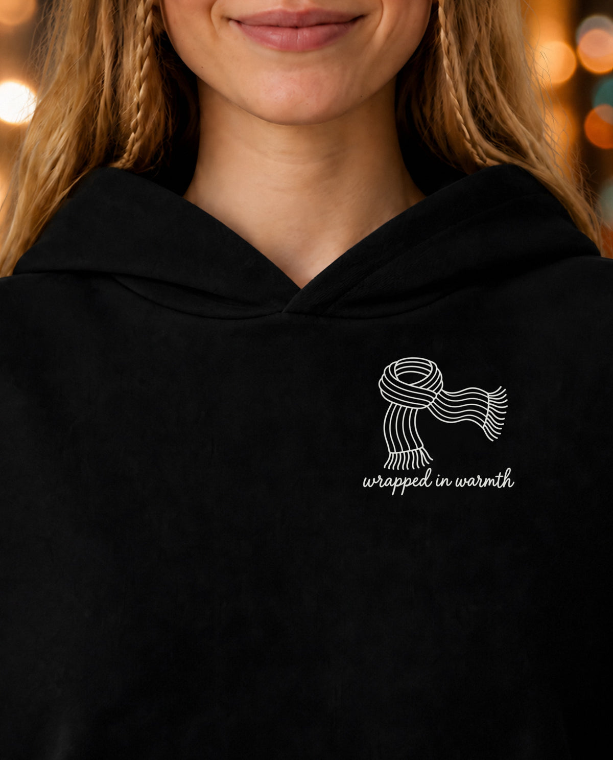 Wrapped in Warmth minimalist crop hoodie for women in Black, print close-up