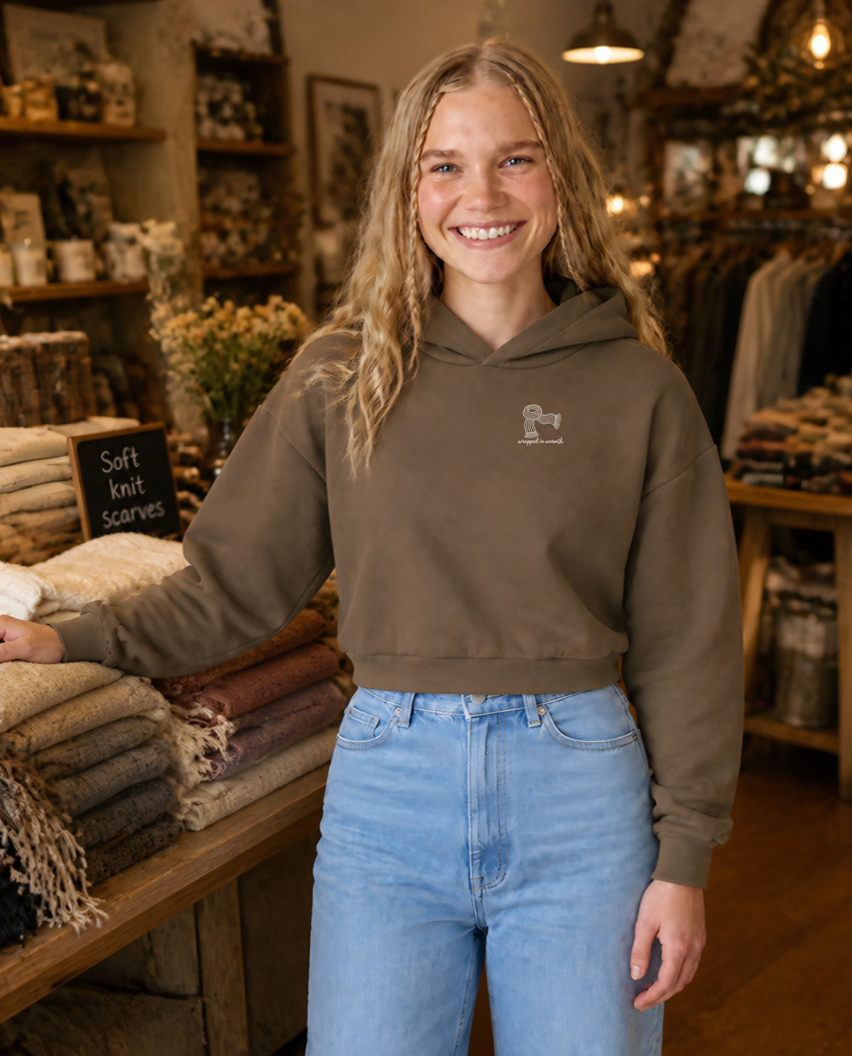 Wrapped in Warmth minimalist crop hoodie for women in Coffee, worn by model, lifestyle photo