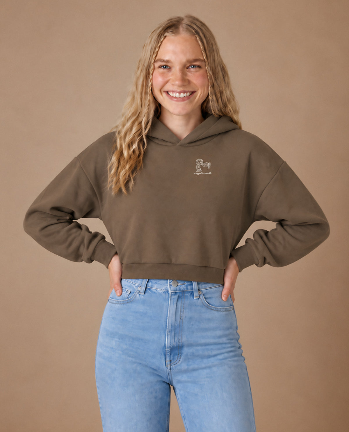 Wrapped in Warmth minimalist crop hoodie for women in Coffee, worn by model, studio photo