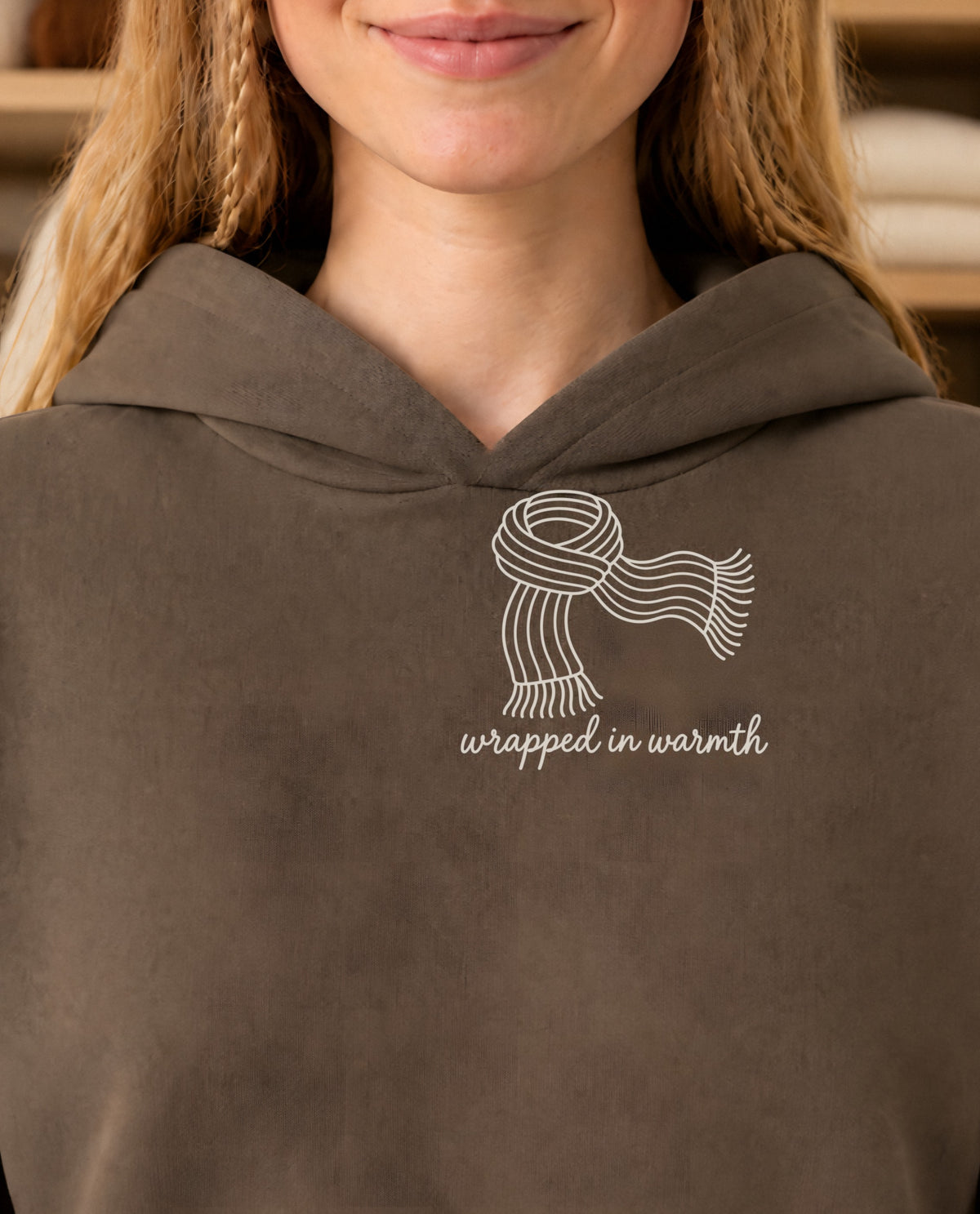 Wrapped in Warmth minimalist crop hoodie for women in Coffee, print close-up