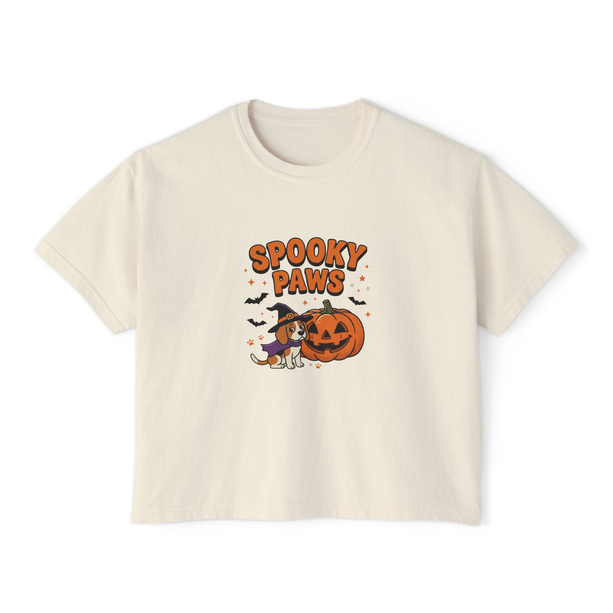 Ivory Spooky Paws Dog boxy crop tee, flat lay (Color: Ivory)