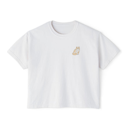 Boxy Tee — Minimal Persian Cat Line Art Chest Graphic, Casual Women's Crop Top